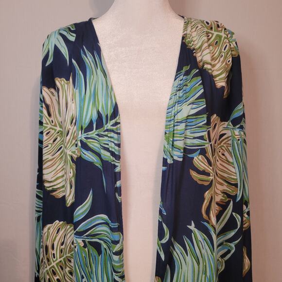 Time For Me 2X blue multicolor tropical leaf open front tasseled hem kimono - Picture 2 of 7